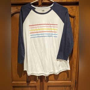 Ellen DeGeneres 3/4 sleeve top.  Stripes on front.  Pride colours.